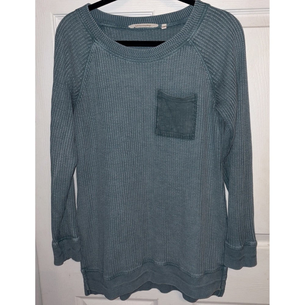Soft Surroundings M Autumn Waffle Tunic Thermal Washed Teal Pocket Top